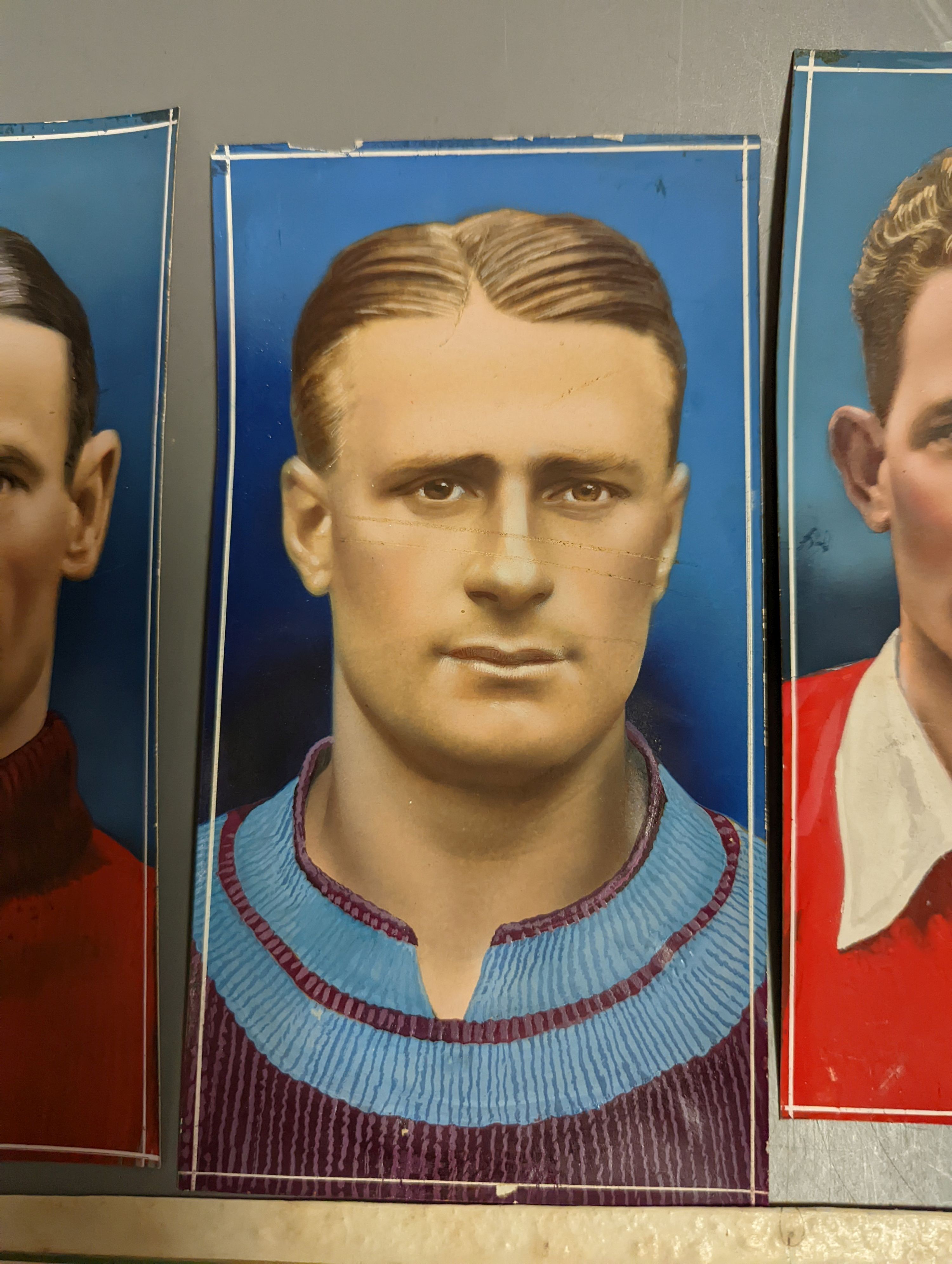 Seven original gouache illustrations of footballers c.1936 for Godfrey Phillips cigarette cards, each 19.5cm x 10.3cm